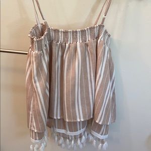 Tan striped crop tank with fringe